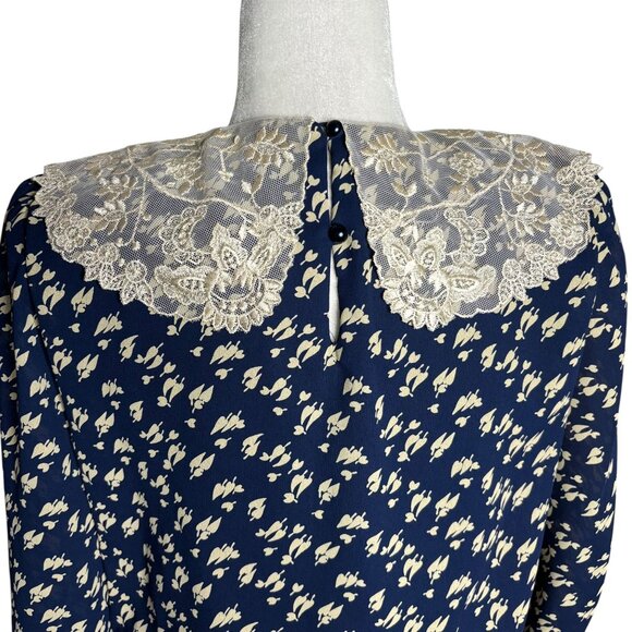 Vintage 80s Floral Midi Dress Medium Navy Blue Lace Collar 3/4 Sleeve Elastic - Picture 7 of 8